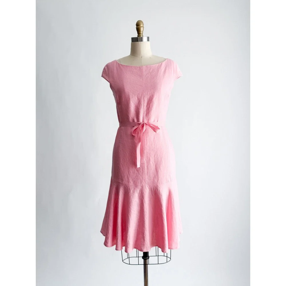 Anne Klein Linen Fit Flare Dress 8P Pink Ruffle Hem Cap Sleeve Ribbon Belt y2k